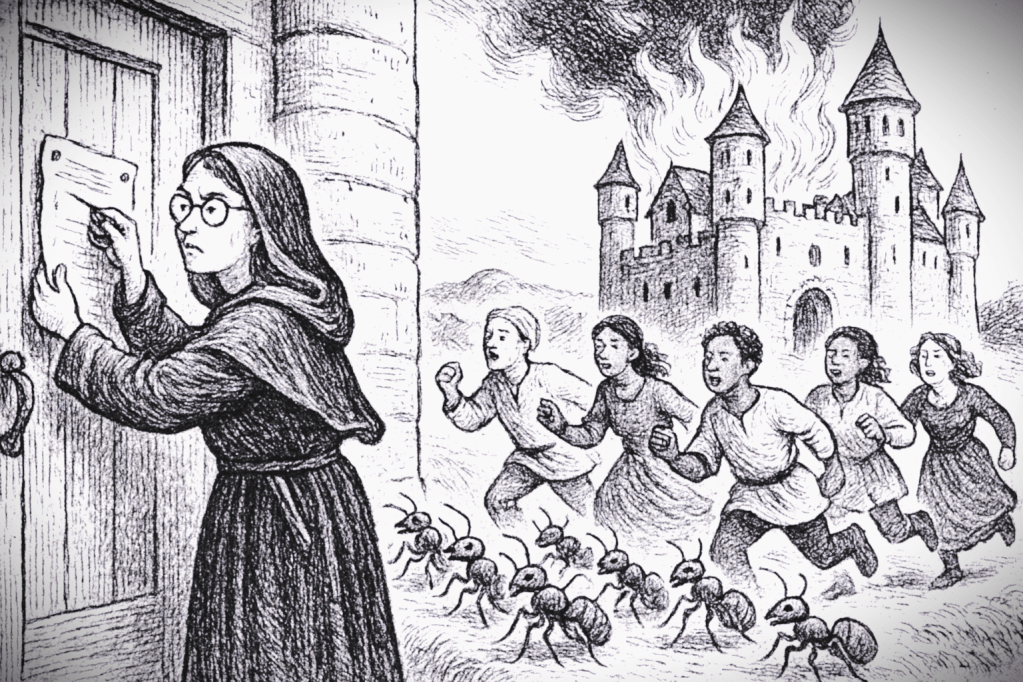 Satirical medieval-style illustration showing a female heretic pinning a scroll to a door while developers flee a burning production castle, surrounded by an army of bugs.