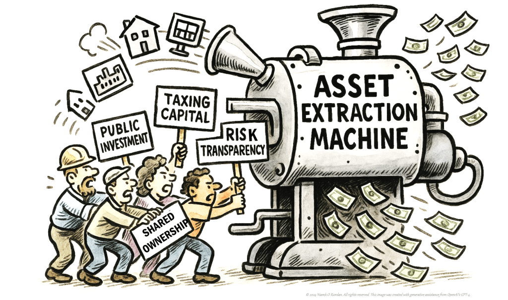 Satirical cartoon of the asset economy as a machine extracting value from workers. Created by Niamh O Riordan with generative assistance from GPT-4.